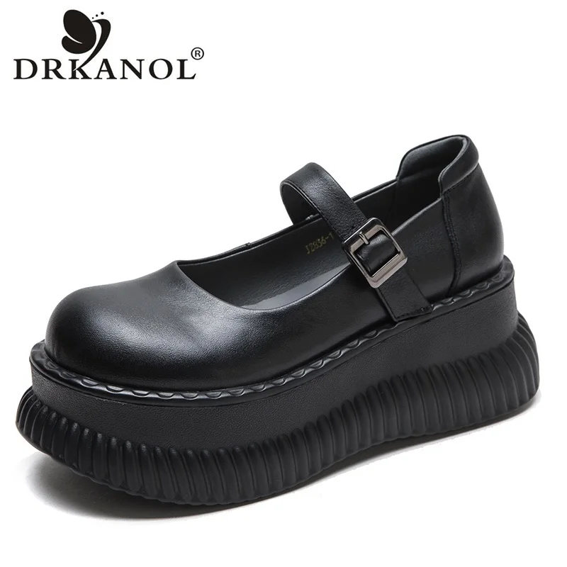 

DRKANOL 2024 Literary Style Women Shoes Wide Head Genuine Leather Round Toe Wedges Heel Height Increasing Platform Casual Shoes