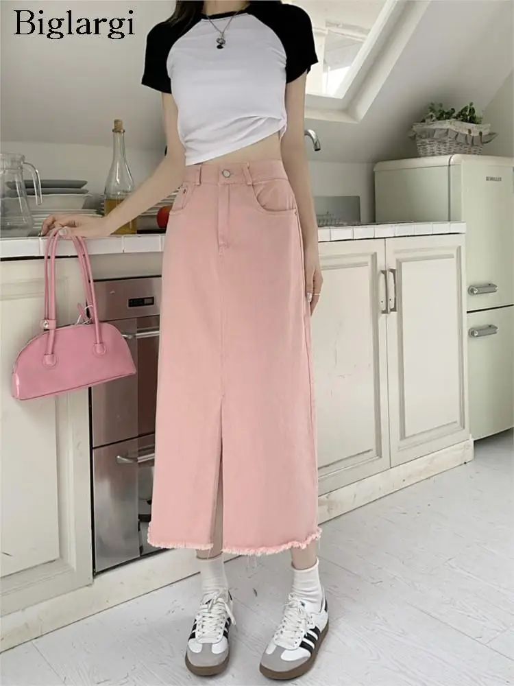 

Юбка-миди женская джинсовая Плиссированная, модная свободная плиссированная юбка с разрезом, с завышенной талией, трапециевидная, в Корейском стиле, розовая, весна-лето