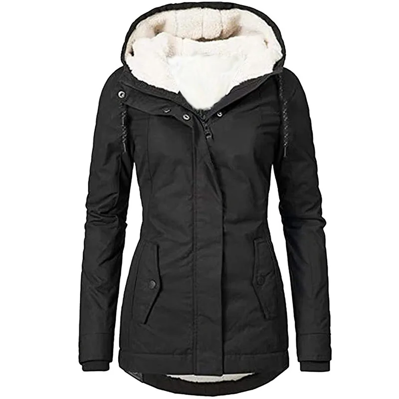 

Fashion Women's Thickened Coat Warm Winter Solid Plush Thickened Long Jacket Outdoor Hiking Hooded Windproof Parka Coat