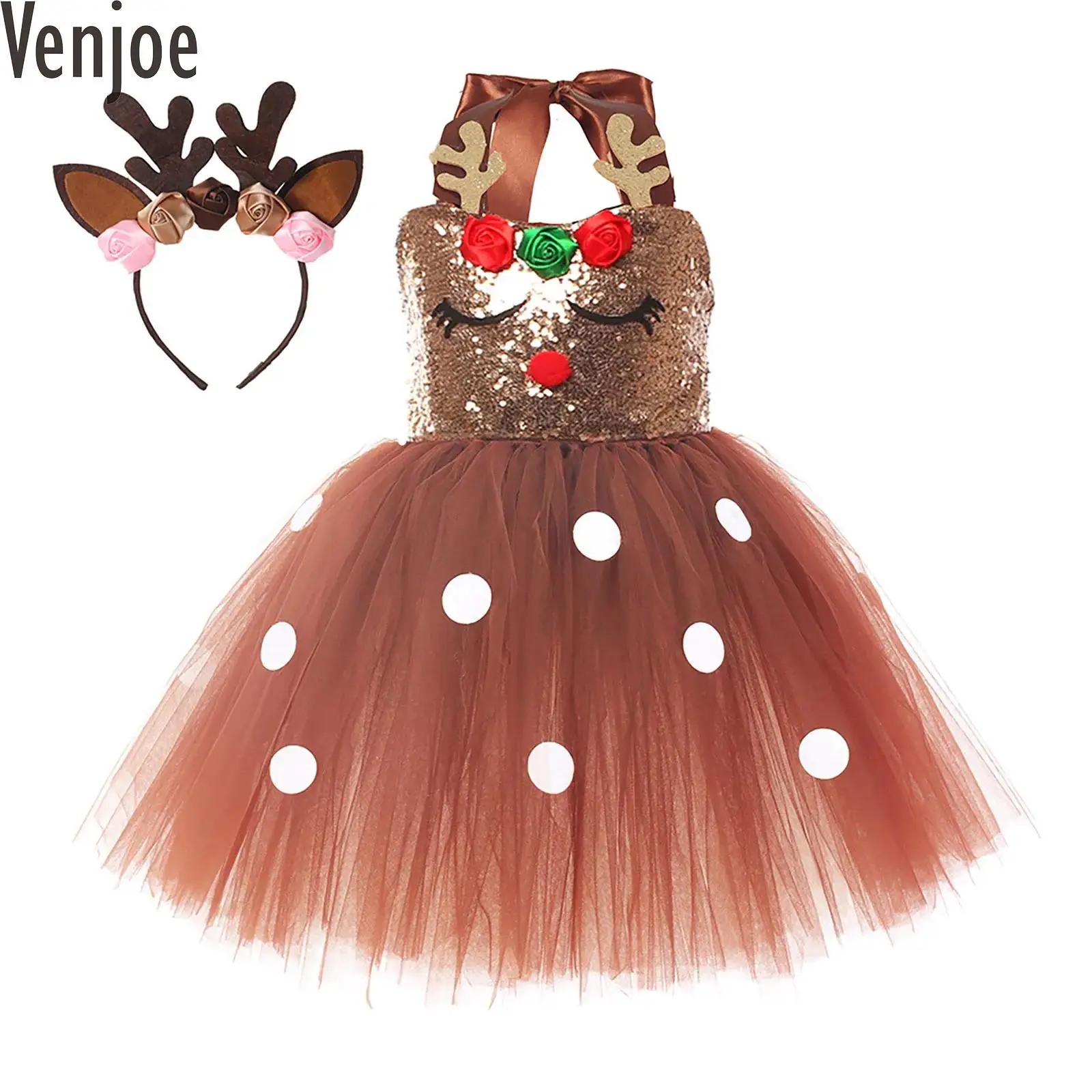 

Kids Girls Christmas Reindeer Costume Sleeveless Sequins Tutu Dress with Deer Hair Hoop Carnival Princess Role Play Party Dress