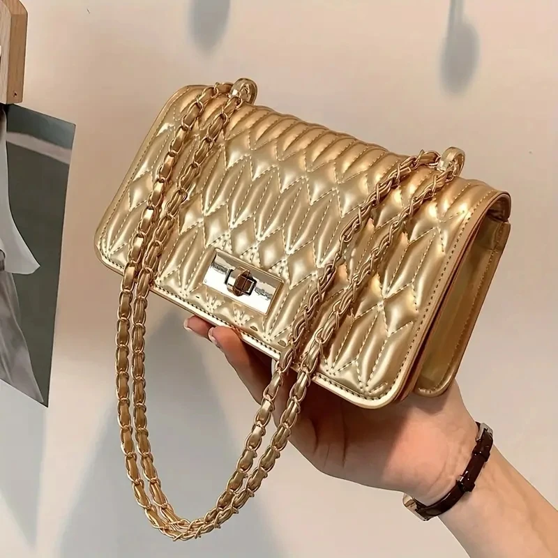 

Fashion Ruched Quilted Crossbody Bag Chains Square Women Shoulder Bags Gold Silver Messenger Bag Small Flap Purses 2024