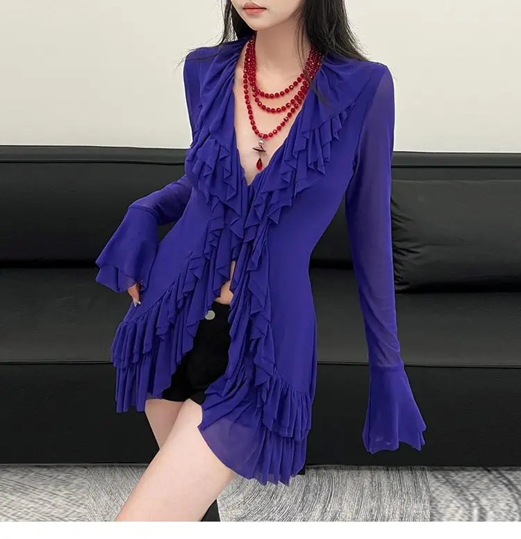 Korean Blouse Women's Clothing V-neck Long Sleeve Tunic Shirts Camisas De Mujer Heavy Ruffles Spring Summer Gauze Blouses Tops Korean Blouse Women's Clothing V-neck Long Sleeve Tunic Shirts Camisas De Mujer Heavy Ruffles Spring Summer Gauze Blouses Tops