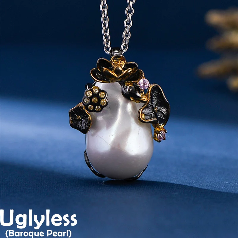 

Uglyless Elegant Oriental Charm Lotus Pendants Necklaces for Women Ethnic Stunning Irregular Baroque Pearls Necklaces 925 Silver