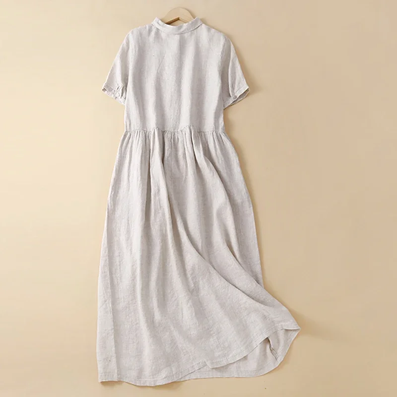 

Cotton linen shirt dress female new fashion elegant commuter pockets loose casual A word long section high waist ZL21