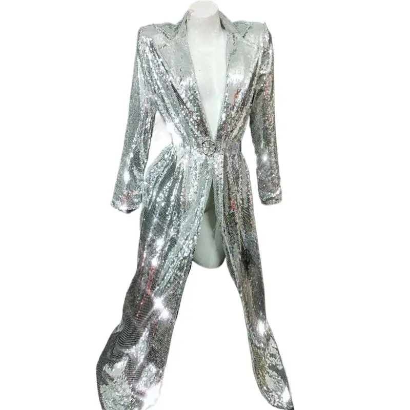 

Fashion Buttonless Women Shiny Sequins Long Coat Female Singer Nightclub Concert Stage Performance Silver Cloak Dance Costume