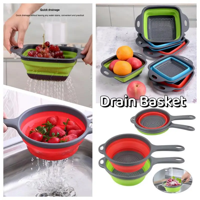 

Folding Silicone Drain Basket Fruit Vegetable Washing Basket Foldable Strainer Colander Collapsible Drainer Kitchen Storage Tool