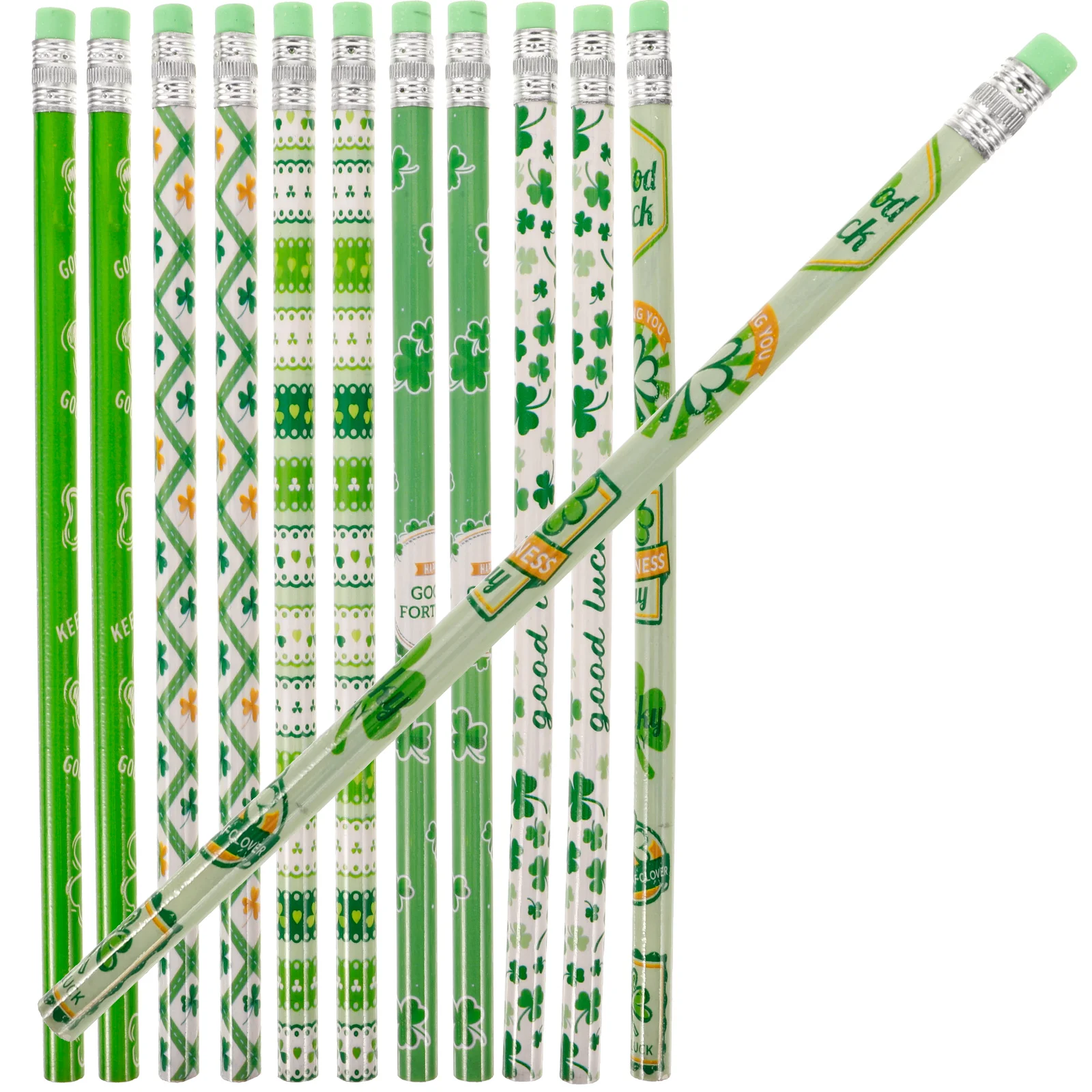 

St Patricks Day Pencils Shamrock Clovers Novelty Stripe Assorted Kids Lucky Wood Eraser Stationery Party Supplies