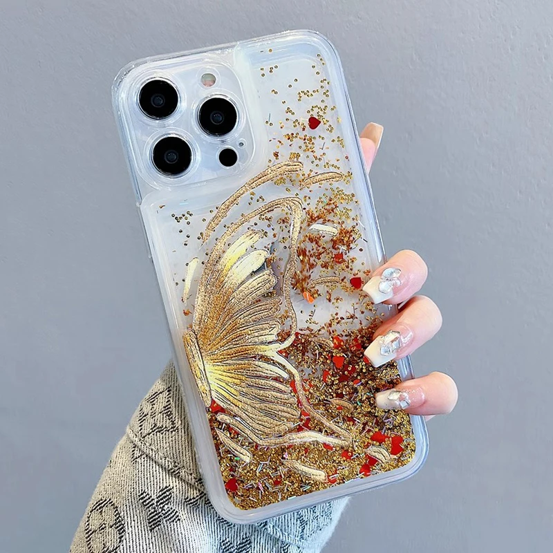 

Luxury Shockproof Quicksand Glitter Bling Butterfly Mobile Phone Case For iPhone 15 14 13 12 11 Pro Max Protect Back Funda Cover