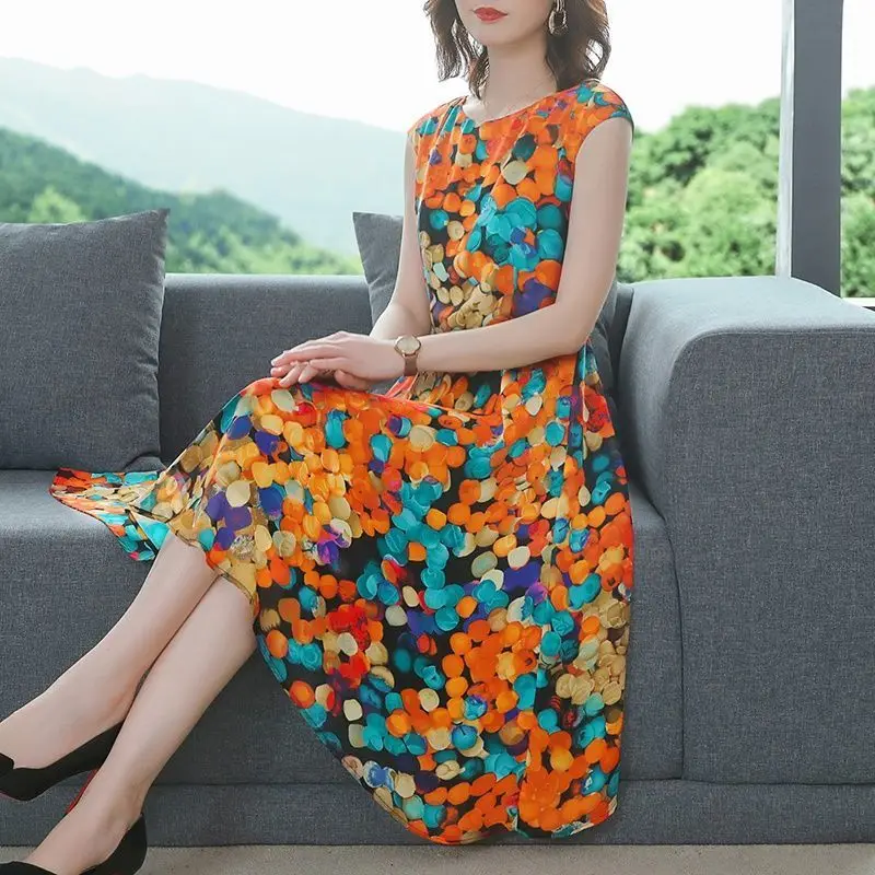 

Commute Sleeveless Folk Midi Dress Female Clothing Casual Round Neck A-Line Waist Fashion Vintage Printed Summer Thin Dresses