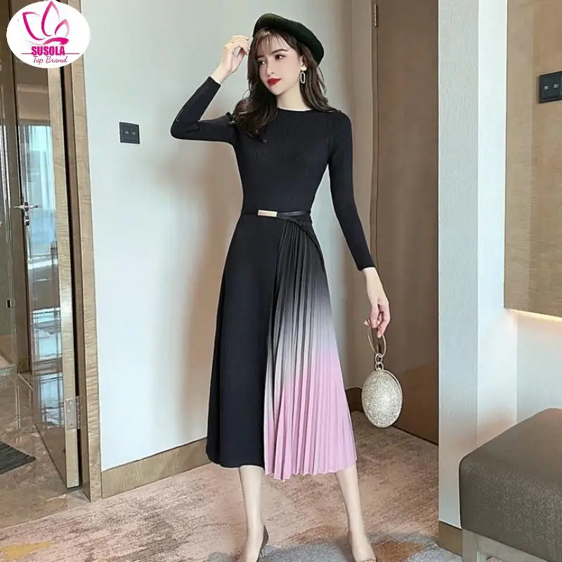 New Lady Elegant Knitted Patchwork Gradient Pink Pleated Dress Women Long Sleeve Sweater Office One-Piece Midi Dress With Belt
New Lady Elegant Knitted Patchwork Gradient Pink Pleated Dress Women Long Sleeve Sweater Office One-Piece Midi Dress With Belt