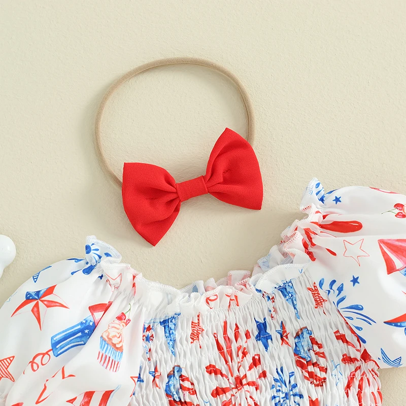 

Infant Baby Girls 4th Of July Outfit Firework Puff Sleeve Romper Smocked Romper Dress Newborn Fourth Of July Clothes