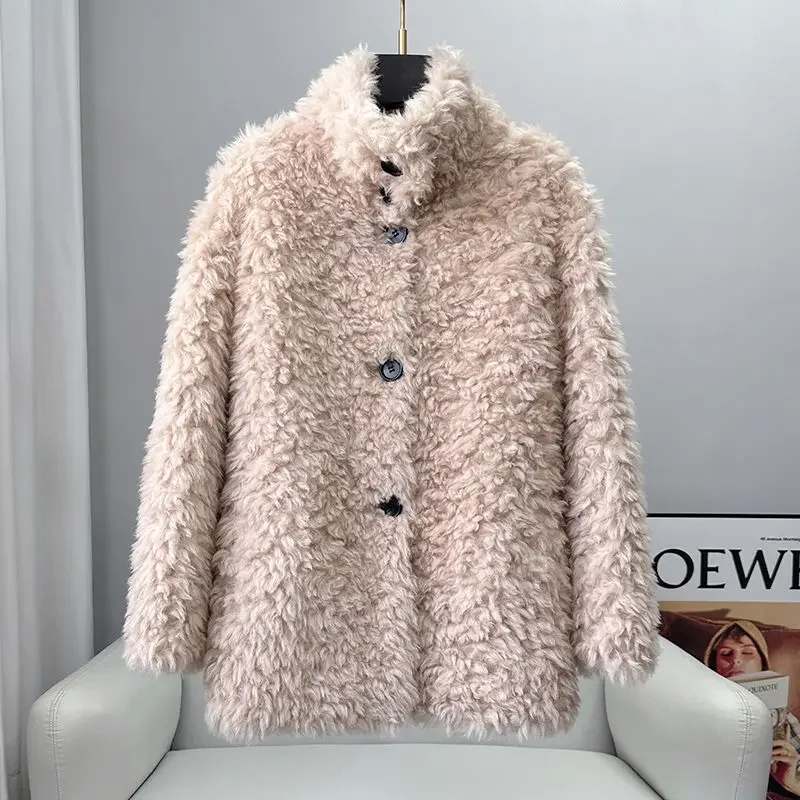 

2023 Thick Warm Classical Women's Real Whole Skin Real Genuine Sheep Shearing Fur Coat Female Stand Collar Jacket Natural F46