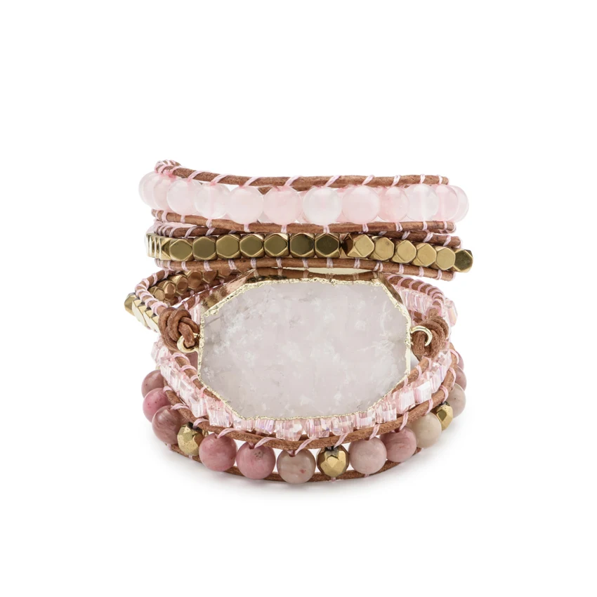 

Многослойный браслет из натурального камня, розовый кварц, кожаные браслеты для женщин, розовые драгоценные камни, хрустальные бусины, богемные ювелирные изделия, 5 нитей