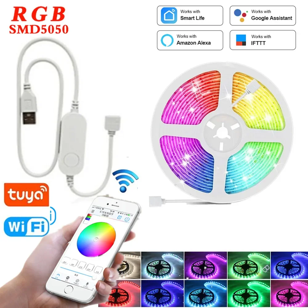 

USB Светодиодная лента Tuya Smart Wifi 1 м, 2 м, 5 м, 5 в постоянного тока, RGB 5050 SMD, гибкая светодиодная лампа, экран Google Decor, 5 в постоянного тока, подсветка для телевизора