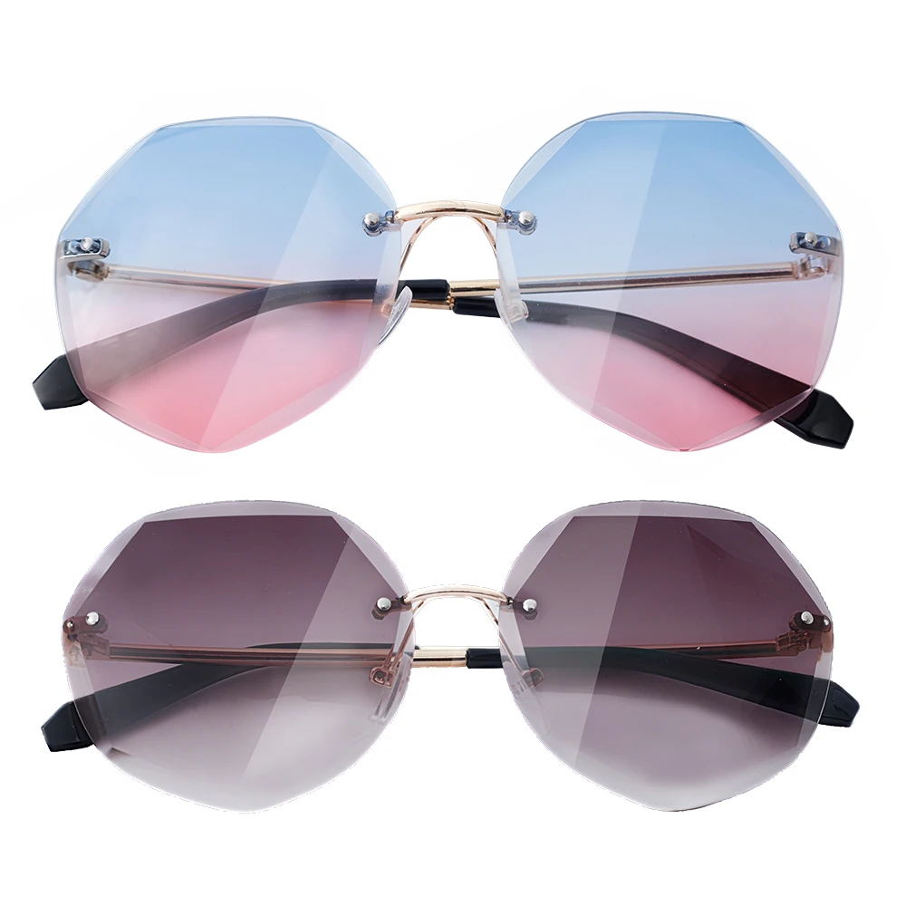 

Fashion Tea Gradient Rimless Sunglasses Women Ocean Water Cut Trimmed Lens Metal Curved Temples Sun Glasses Female UV400