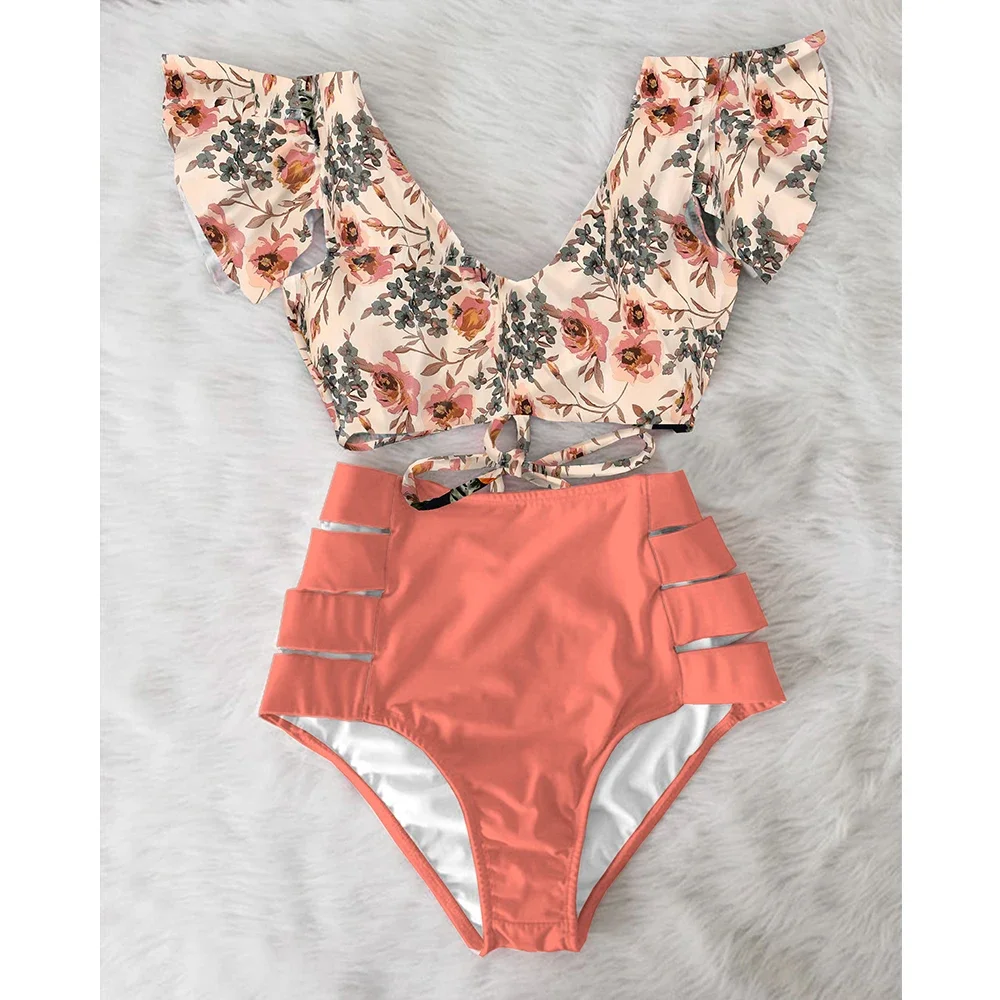 

High Waist Ruffled Sexy Bikini Set 2024 Flounce Biquini Swimwear Women Two Pieces Swimsuit Floral Beachwear V-Neck Bathing Suit