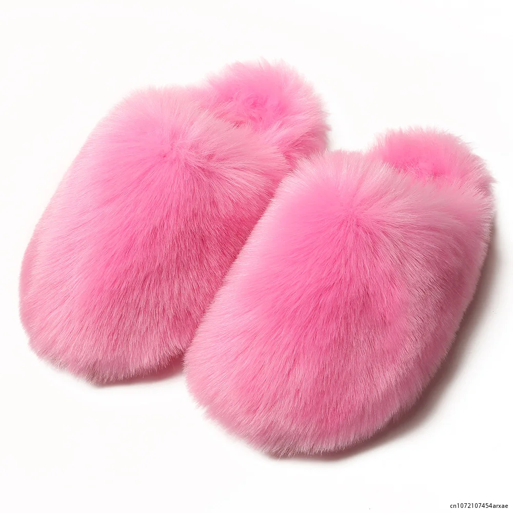 

Luxury Faux Fur Slippers Furry Shoes Women Raccoon Fox Fur Slides Flat Plush Fuzzy Flip Flop Winter Warm Fluffy Slipper Woman