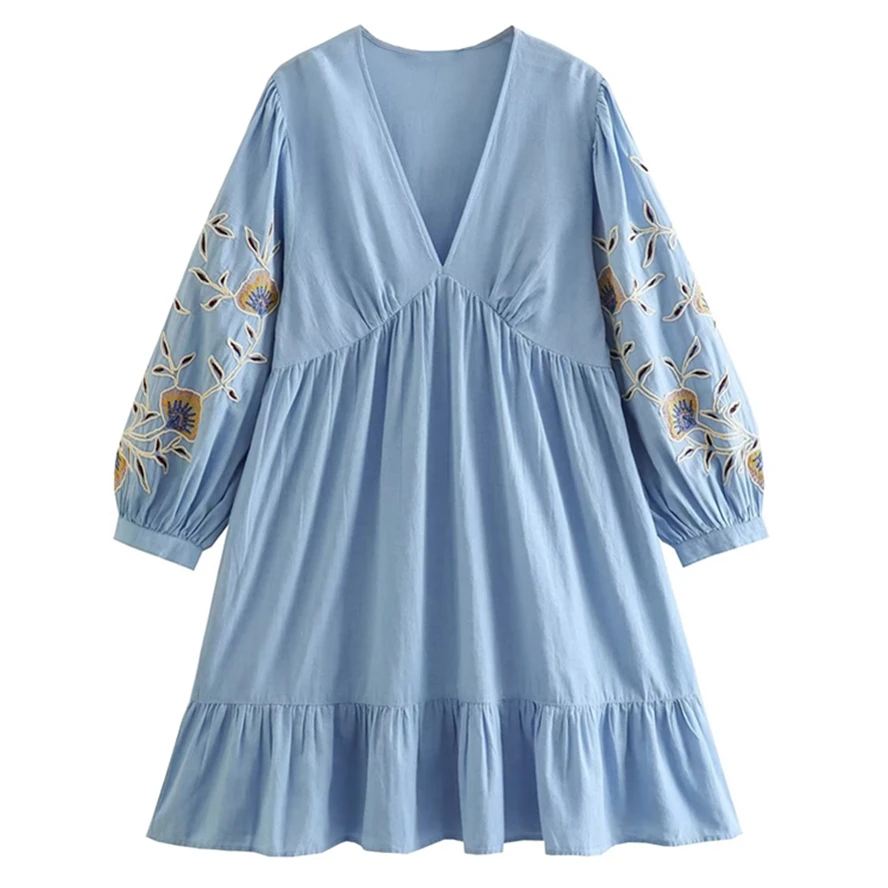 

Dave&Di Moroccan Bohemian Dress Vintage Floral Embroidery Ladies Resort Style Linen Loose Mini Dress Women