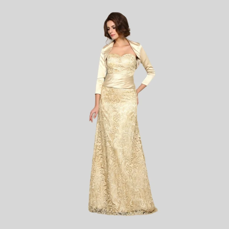 

Champange Mother Of The Bride Dresses A-line Sweetheart Lace With Jacket Plus Size Long Groom Mother Dresses For Wedding