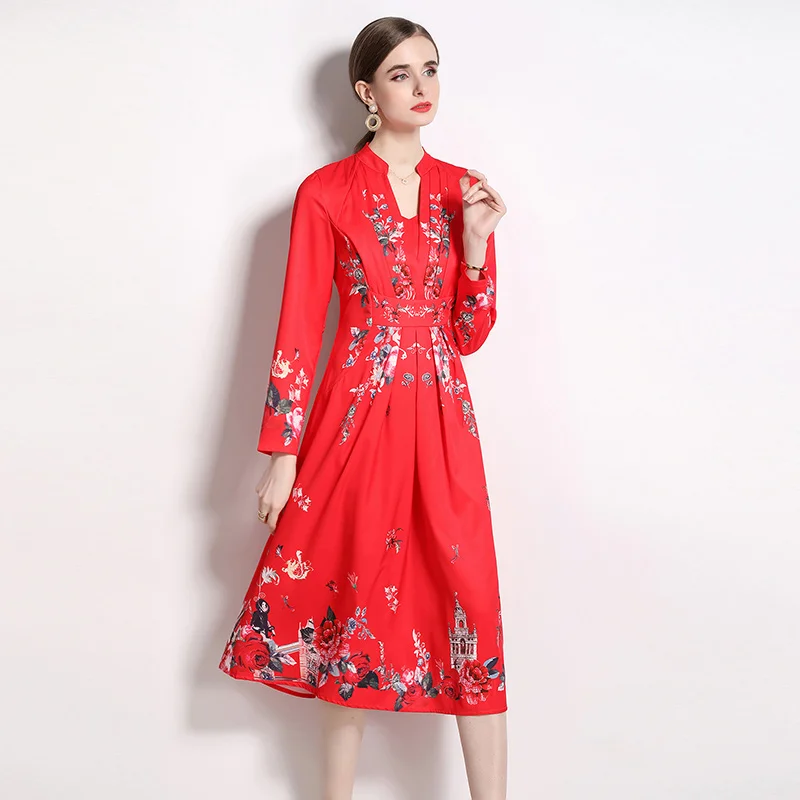 2023 Autumn New Red Flower Midi Dress Vintage Elegant Women V Neck Long Sleeve Printed High Waist Female Party Dress Vestidos
2023 Autumn New Red Flower Midi Dress Vintage Elegant Women V Neck Long Sleeve Printed High Waist Female Party Dress Vestidos