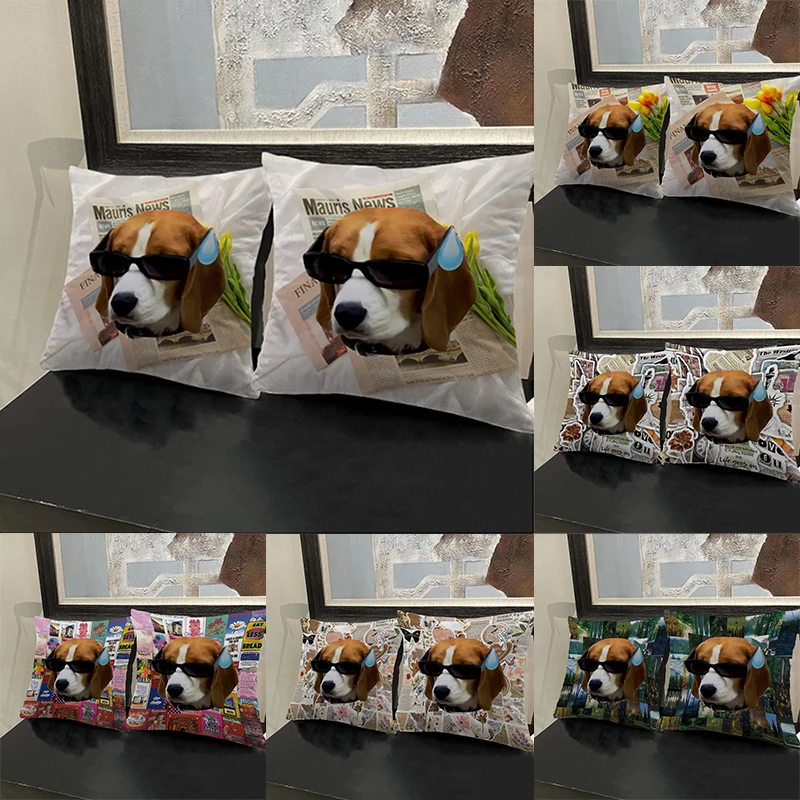 

Cotton Decorative Throw Pillowcases with Sunglasses Beagle Dog Pattern Printed Double Sided Print Dakimakura Cushion Cover Decor