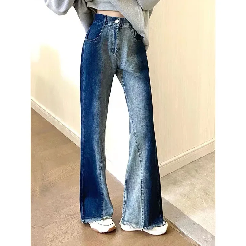 

Women's Straight Jeans High Waist Elastic Wide Leg Trousers Embroidered Luxury Splicing Ladies Flare Pants Patchwork Cotton 2024