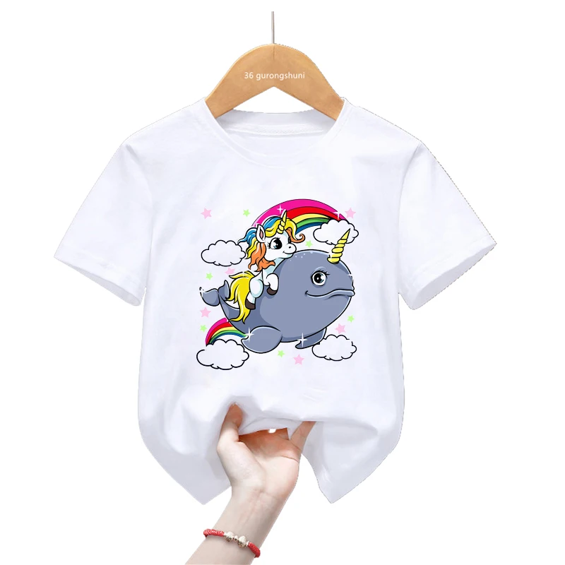 

Watercolor Unicorn Love Narwhal Print T Shirt For Girls/Boys Rainbow Kids Clothes Summer Short Sleeve Tshirt Childrens' Clothing