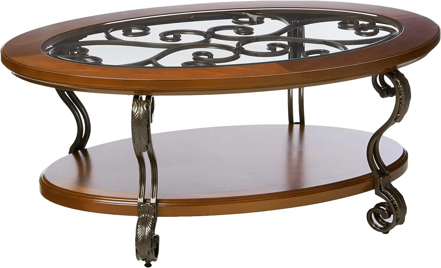 

Signature Design by Ashley Nestor Traditional Oval Coffee Table with Beveled Glass Top, Scrollwork Underlay and 1 Fixed Shelf