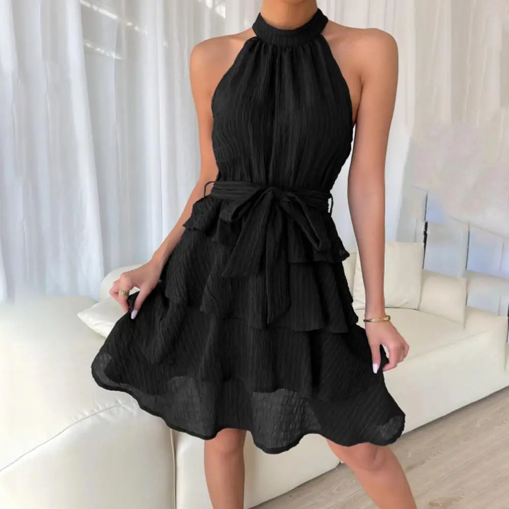 

Women Party Dress Off Shoulder Sleeveless Halter Neck Ruffle A-line Loose Hem Solid Color Belted Tight Waist Knee Length Midi Dr