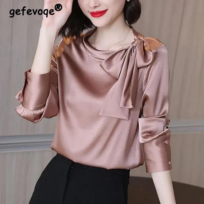 

Spring Autumn Fashion Satin Elegant Chic Bow Lace Up Design Office Lady Shirt Solid Loose Long Sleeve Blouse Top Women Blusas