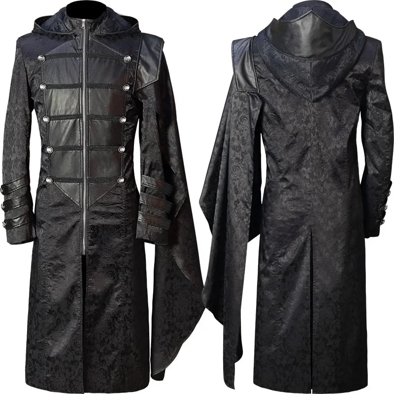 

Medieval Retro Men Black Stand Collar Uniform Steampunk Gothic Cape Trench Coat Halloween Party Cosplay Performance Costume
