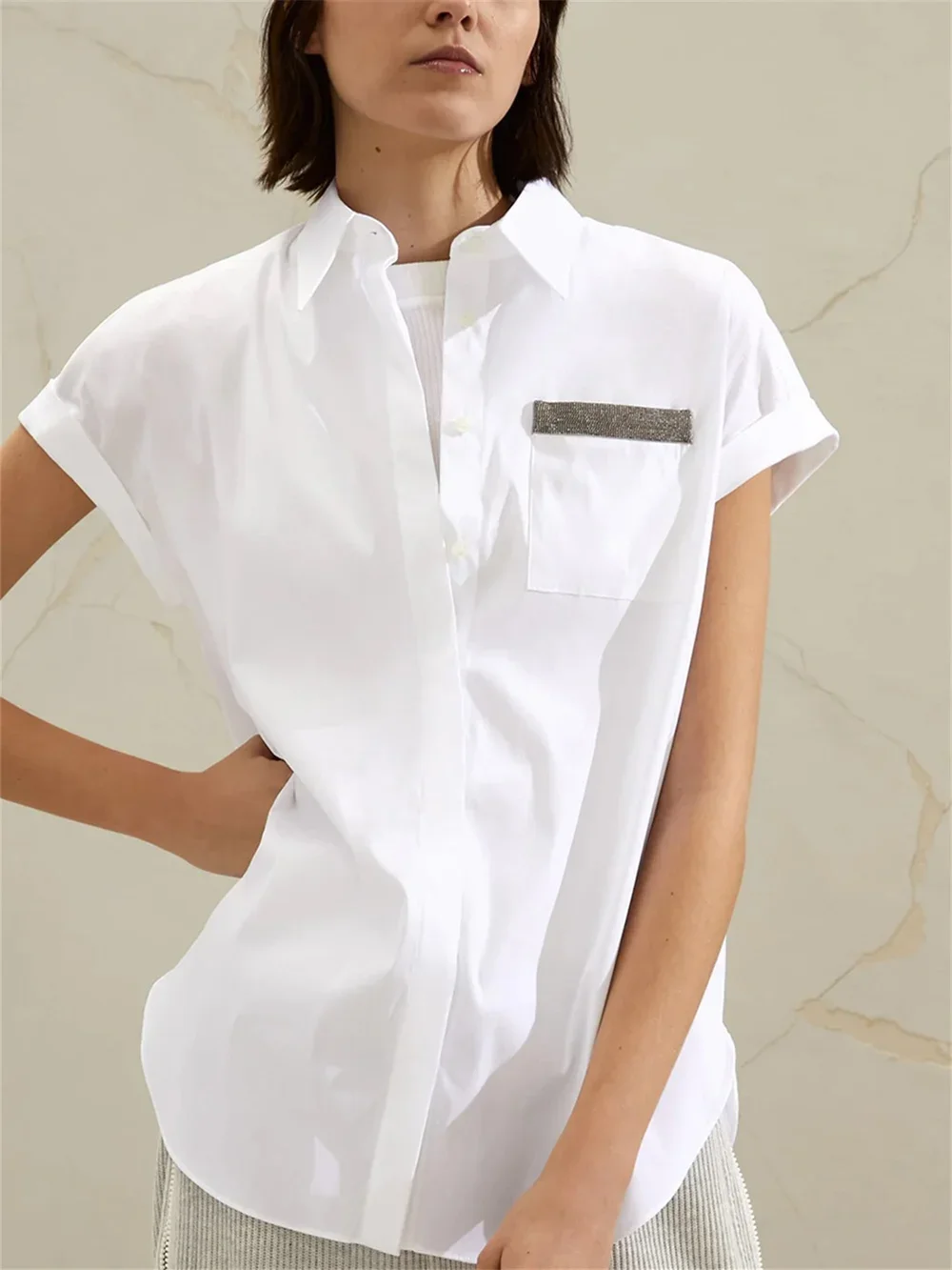 Women's Blouse 2023 New Bead Chain Turn-Down Collar Covered Button Casual Short Sleeve Shirt
Women's Blouse 2023 New Bead Chain Turn-Down Collar Covered Button Casual Short Sleeve Shirt