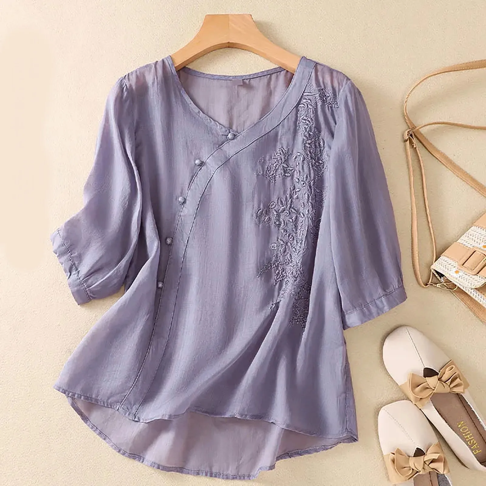 

Women Tee Summer Cotton Linen Embroidered Sleeve Underarm Diagonal V-neck Button Flower Edge Thin Shirt Solid Casual T Shirts