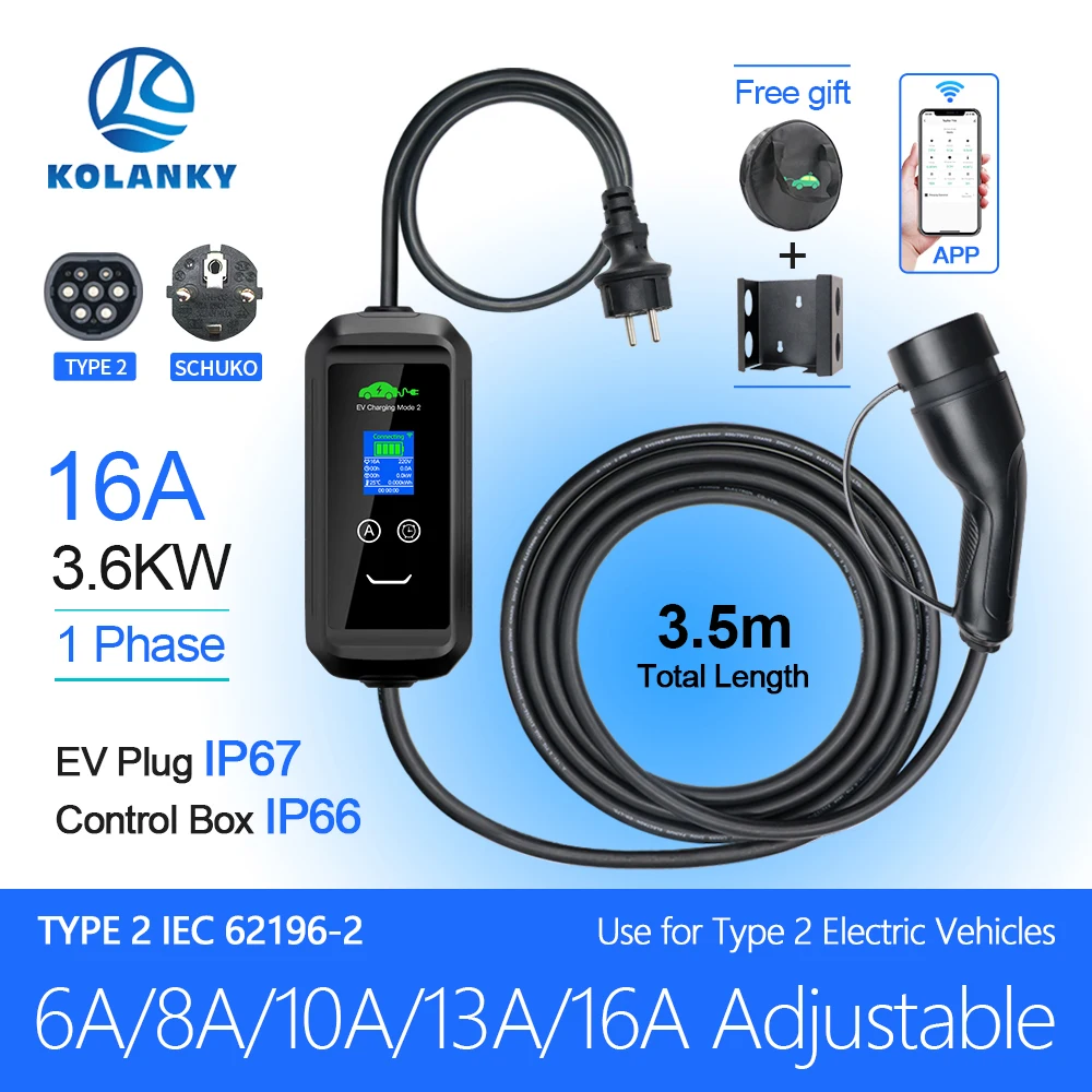 

Kolanky EV Charger Wallbox 16A 3.5KW Type 2 Type 1 Standard Plug IEC-62169 Charging For Eletric Vihicle Cars Total Length 3.5M