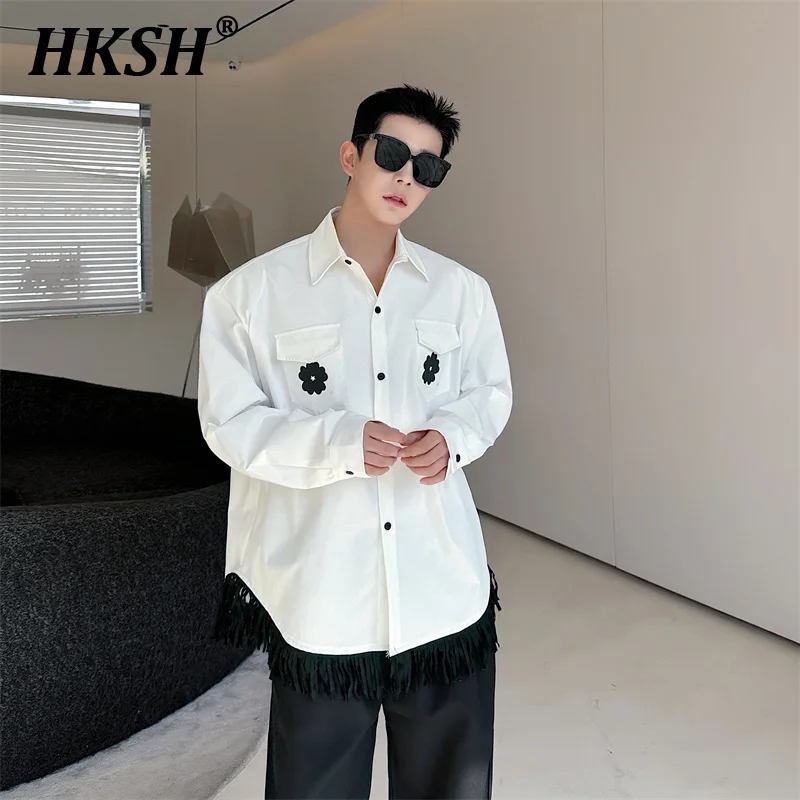 

HKSH Men's Tide Korean New Spring High Street Punk Style Hem Tassel Design Leaf Print Shirt Fashion Chic Avant-garde Tops HK0335