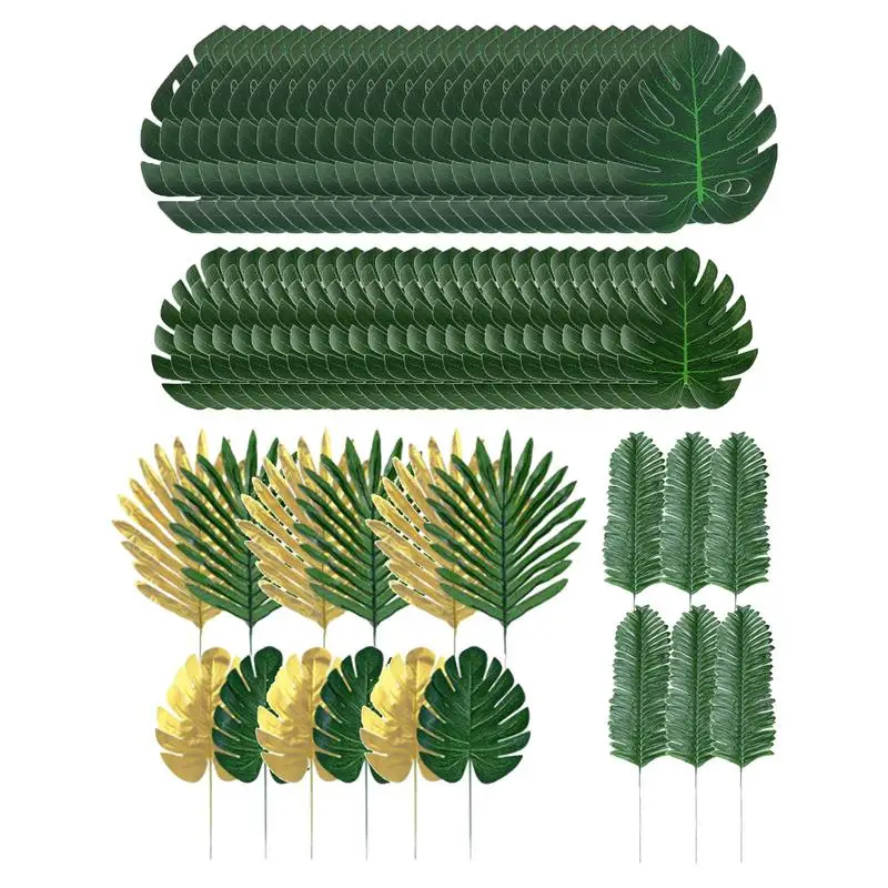 

66 шт. 6 типов листьев, украшение, зеленые золотые искусственные Пальмовые Листья, золотые тропические листья для Гавайского Пляжа, искусственные Пальмовые Листья, декор BabyShower