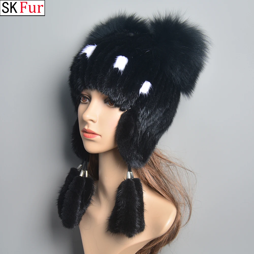 

Real Mink Fur Fox Fur Hats Lady Bomber Hat Winter Natural Mink Fur For Women Knitted Lining Hand-woven Fashion Warmth Pompom