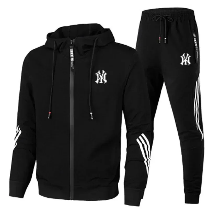 

Fashion Tracksuit Men Suit Autumn New Zipper Cardigan Jacket+Sweatpants Stripe Running Fitness Basketball Jogging 2 Piece Set