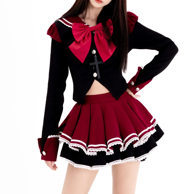 

Japanese Preppy Style Lolita Two Piece Set Women Sweet Bow Sailor Collar Short Tops JK Mini Skirt Suit Female Gothic Y2k Outfitn