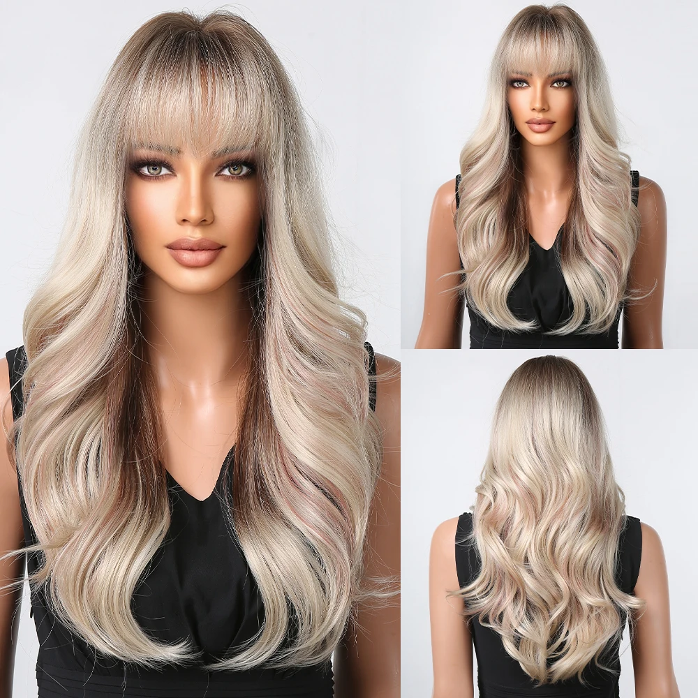 

Platinum Blonde Mixed Black Synthetic Wig with Bangs Highlight for Women Long Wavy Natural Cosplay Wig Daily Heat Resistant Hair