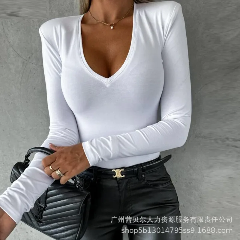 

Wepbel Long Sleeve Simple Top Women Solid Color V-neck Sexy Skinny Tshirt Tops Autumn Fashion Streetwear Casual Top Tshirts