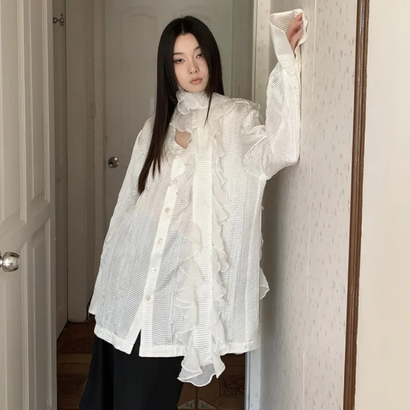 

White Pleated Blouse Women Chic Deep U-neck Irregular Scarf Lace Flared Sleeve Shirts High Street Retro Design Ruffles Long Tops