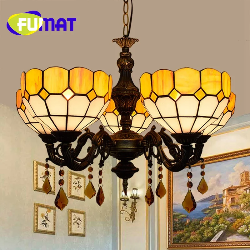 

FUMAT Tiffany style stained glass Mediterranean yellow crystal 5 head chandelier living room Dining room bedroom hallway decor