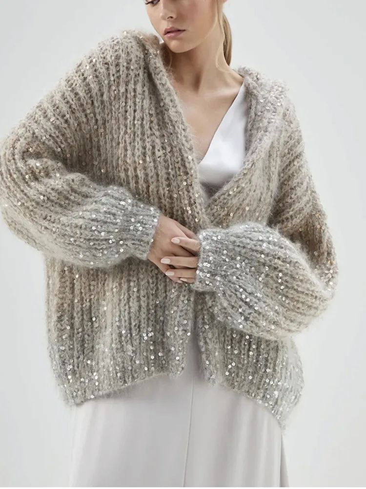 Hooded Sequin Women Mohair Blends Knit Cardigan Loose Long Sleeve Temperament 2023 Autumn Ladies Sweater Coat 
Hooded Sequin Women Mohair Blends Knit Cardigan Loose Long Sleeve Temperament 2023 Autumn Ladies Sweater Coat