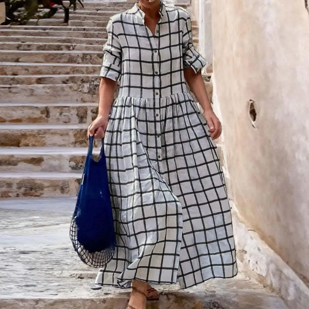 Lady Maxi Dress Stylish Women's Plaid Print Maxi Dress A-line Patchwork Design Loose Hem Single-breasted Pleated Lapel Casual
Lady Maxi Dress Stylish Women's Plaid Print Maxi Dress A-line Patchwork Design Loose Hem Single-breasted Pleated Lapel Casual
