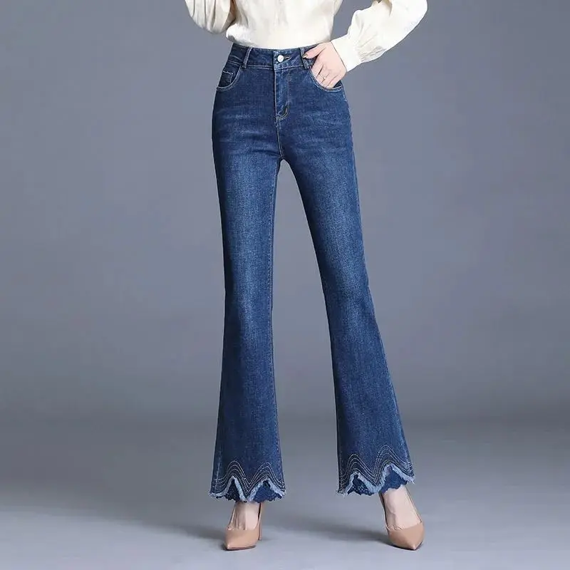 

Flare Flared Women's Jeans High Waist Shot Bell Bottom Pants for Woman Trousers with Pockets Blue Embroidered Vintage Basics A Z