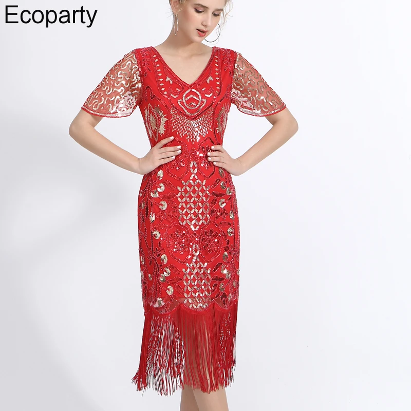 

Women's 1920s Sequin Flapper Dresses 20s Great Gatsby Party Sequin Fringe Dress Ladies V-Neck Petal Sleeve Embroidery Midi Dress