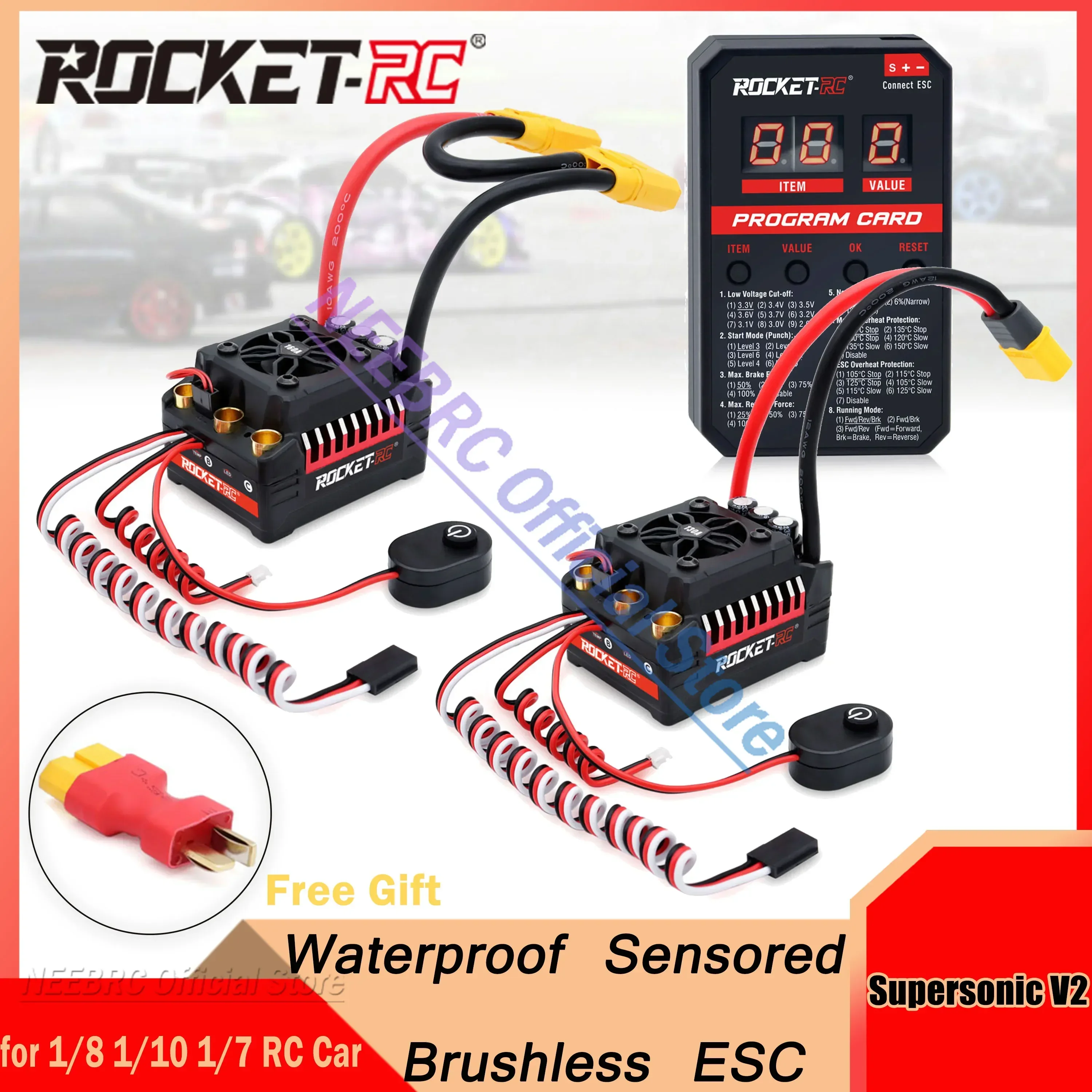 ROCKET-RC Supersonic V2 50A 60A 90A 110A 130A 160A Waterproof Sensored Brushless ESC XT60 Program Card for 1/8 1/10 1/7 RC Car
ROCKET-RC Supersonic V2 50A 60A 90A 110A 130A 160A Waterproof Sensored Brushless ESC XT60 Program Card for 1/8 1/10 1/7 RC Car