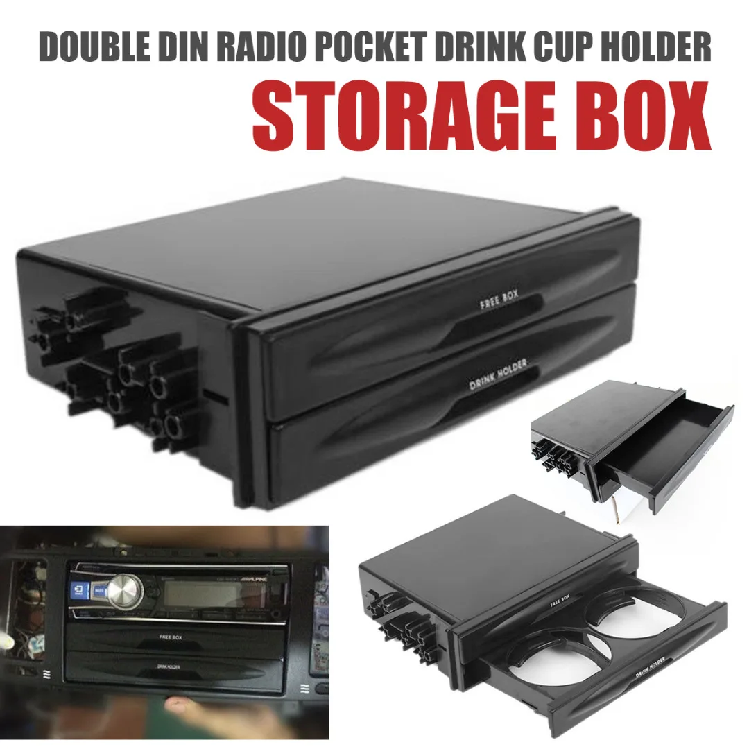 

New Universal Car Double Din Radio Pocket Drink Cup Holder Storage Box Black