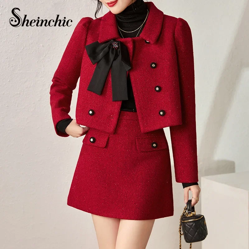 New Year Clothes 2024 Autumn Winter New in Matching Sets Elegant Bow Red Tweed Jacket and Skirt 2 Piece Sets Women Outfit 
New Year Clothes 2024 Autumn Winter New in Matching Sets Elegant Bow Red Tweed Jacket and Skirt 2 Piece Sets Women Outfit